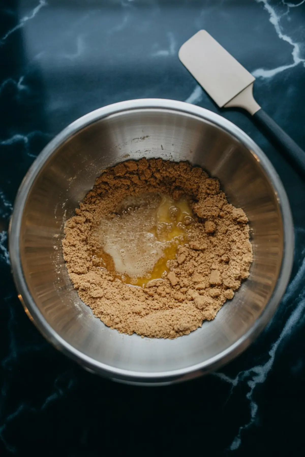 Mixing graham cracker crumbs and melted butter in a stainless steel bowl on a dark marble countertop for the cheesecake crust base.
