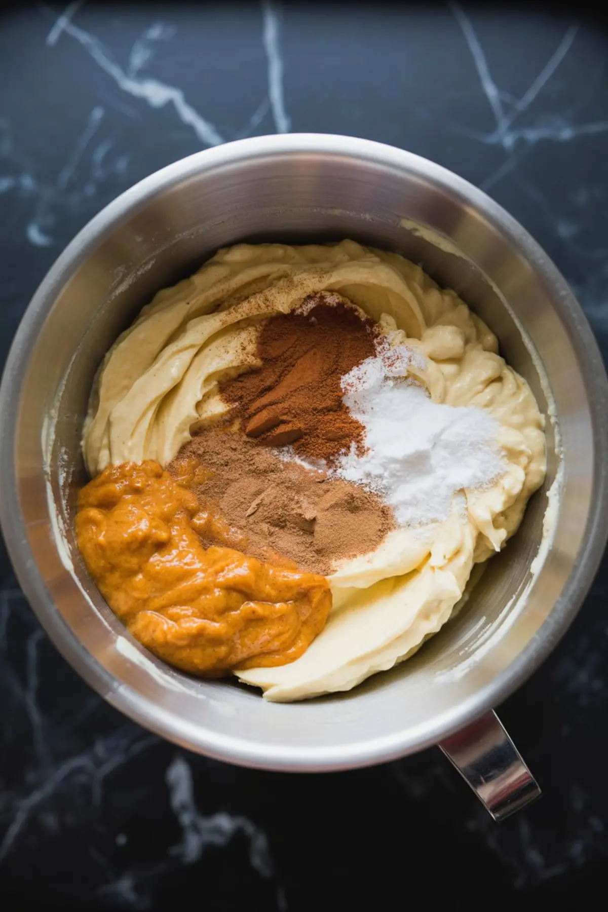 Creamy pumpkin cheesecake batter in a mixing bowl with visible spices, pumpkin purée, and leavening agents before blending.
