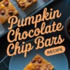 Pumpkin chocolate chip bars arranged on a tray with a text overlay reading “Pumpkin Chocolate Chip Bars Recipe,” highlighting soft, golden bars with rich chocolate chips.