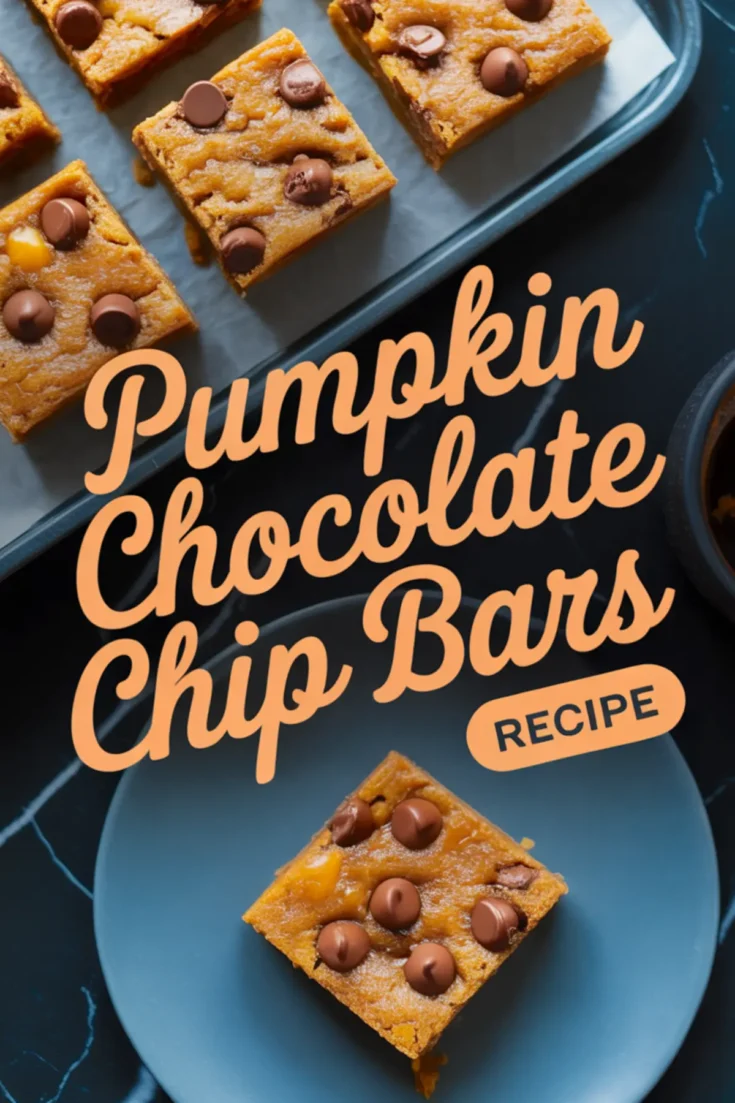 Pumpkin chocolate chip bars arranged on a tray with a text overlay reading “Pumpkin Chocolate Chip Bars Recipe,” highlighting soft, golden bars with rich chocolate chips.