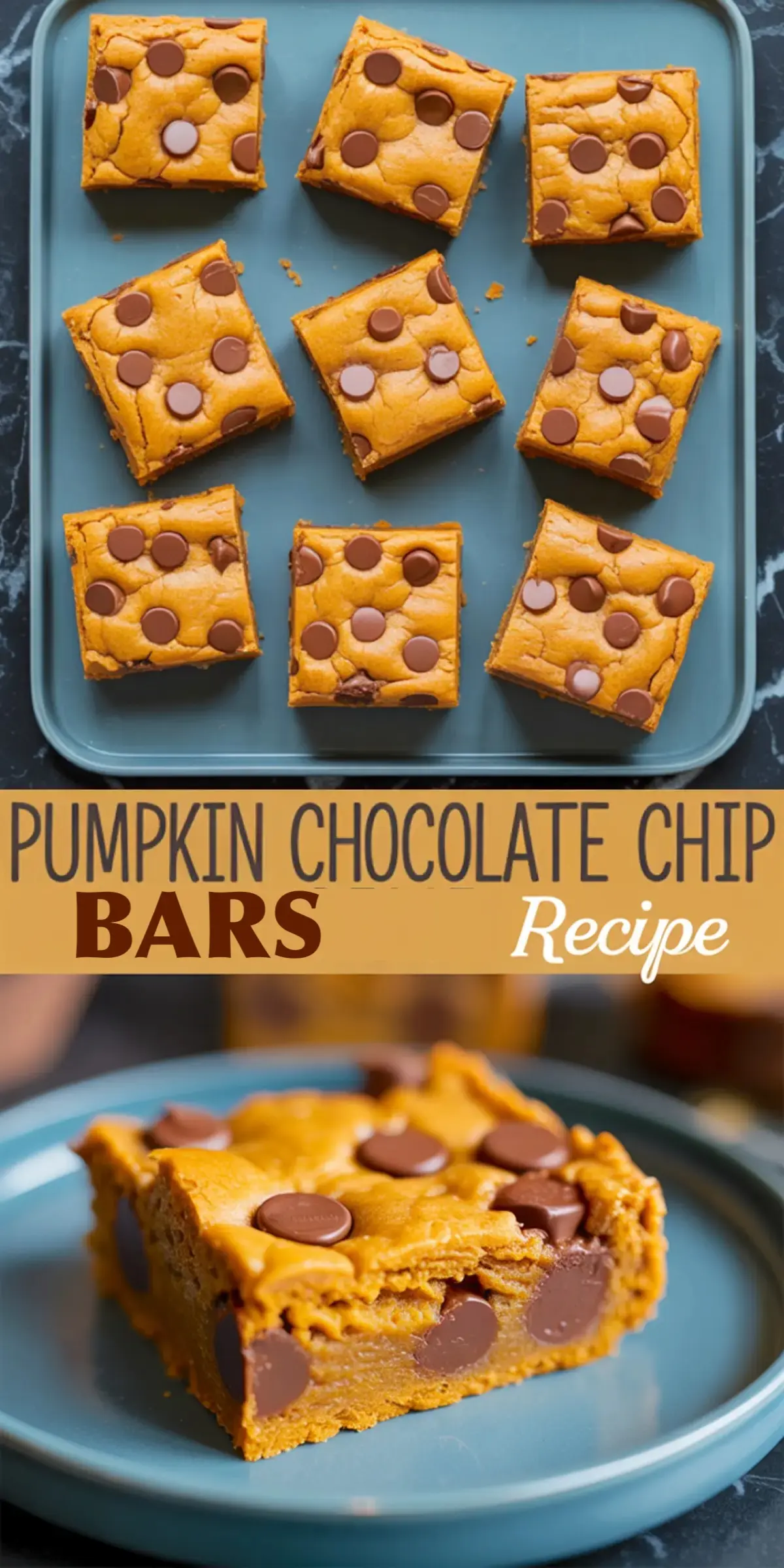 Freshly baked pumpkin chocolate chip bars cut into squares and displayed on a blue tray, with one slice served on a plate, showcasing a moist texture with melted chocolate chips.