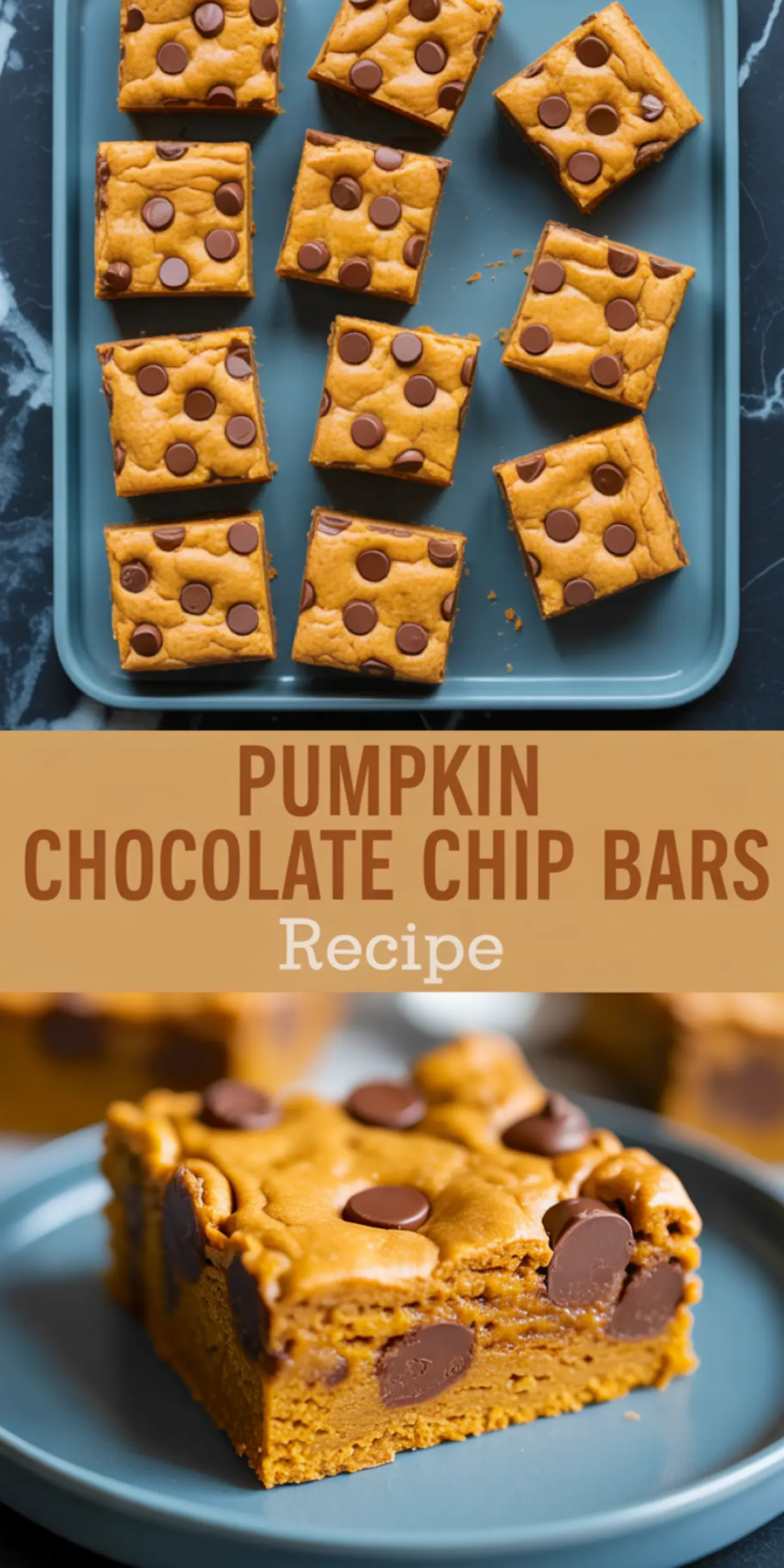 Close-up of pumpkin chocolate chip bars sliced into squares, arranged on a serving tray with a text overlay that reads “Pumpkin Chocolate Chip Bars Recipe.”