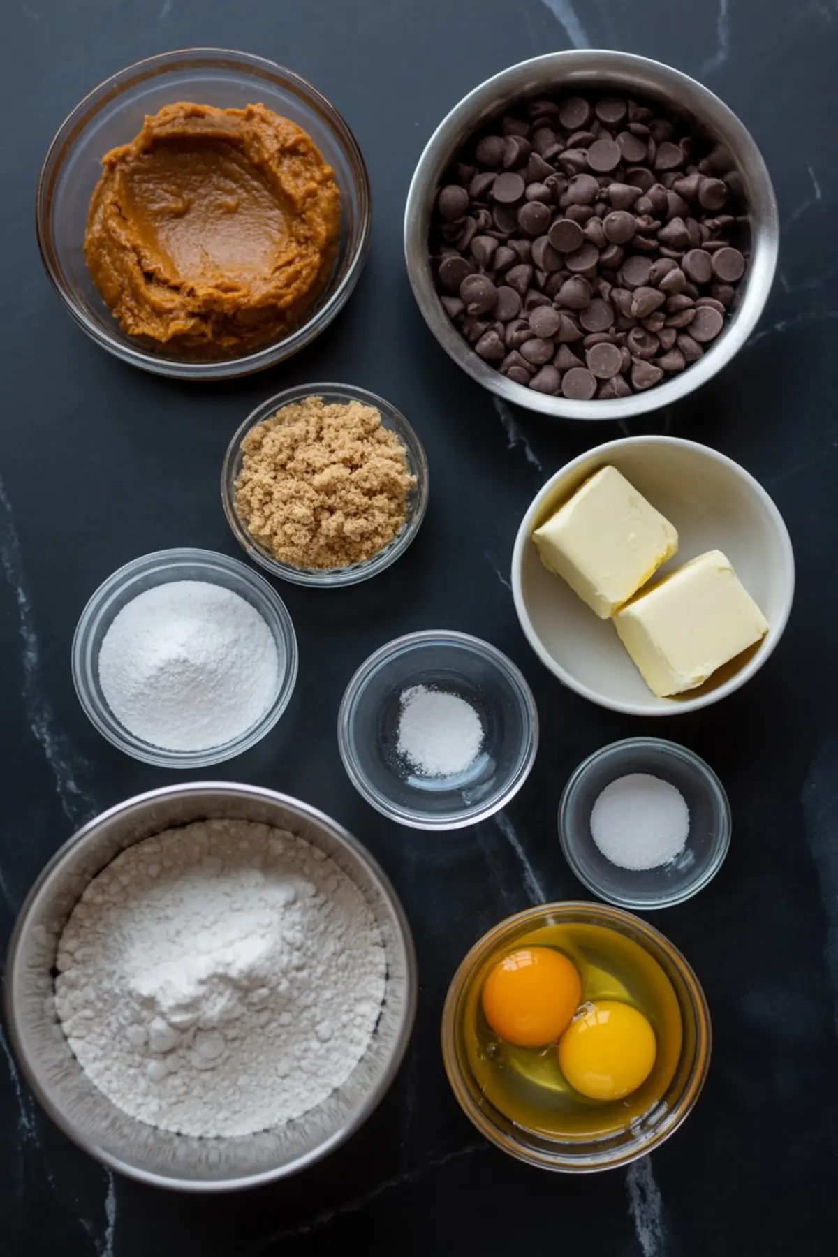 Flat lay of pumpkin chocolate chip bar ingredients including pumpkin puree, chocolate chips, butter, eggs, flour, brown sugar, baking soda, salt, and powdered sugar arranged in glass and metal bowls.