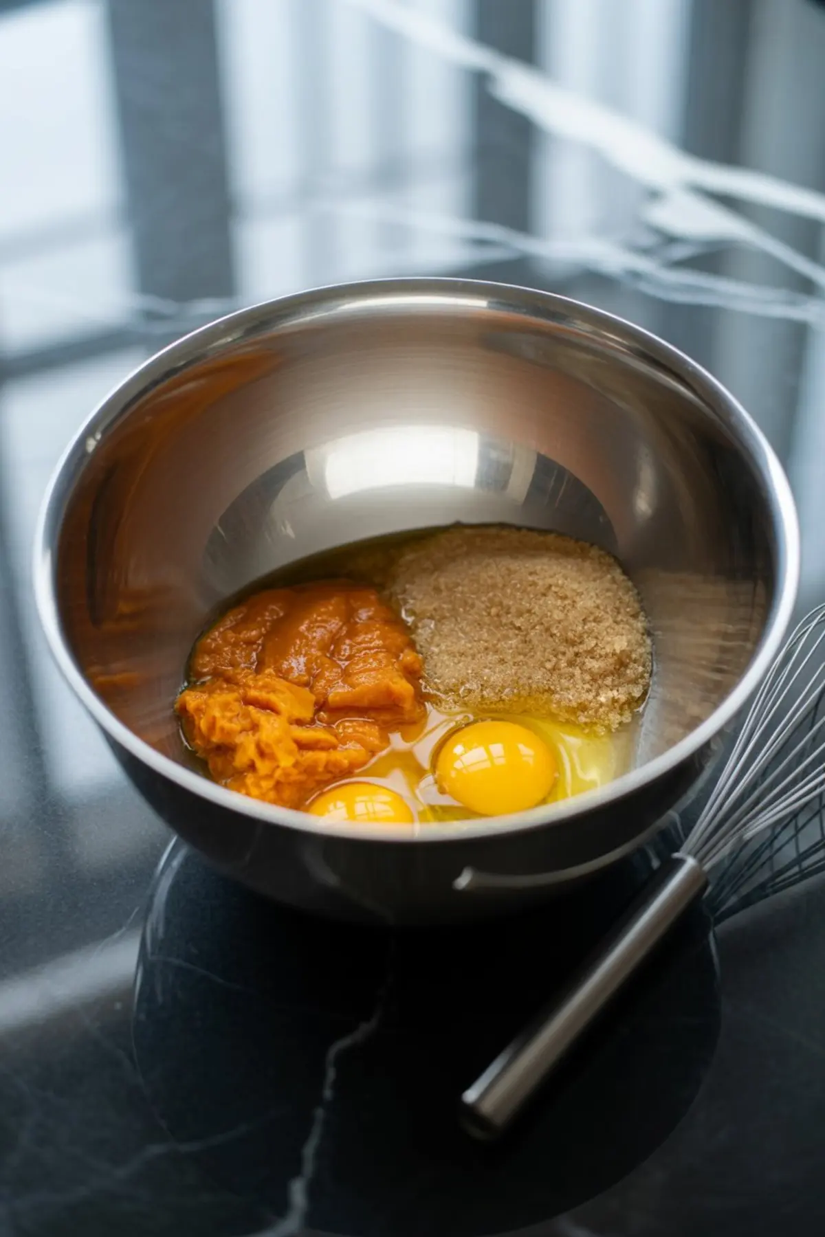 Stainless steel mixing bowl filled with pumpkin puree, brown sugar, and cracked raw eggs, ready to be whisked for baking on a black marble countertop.