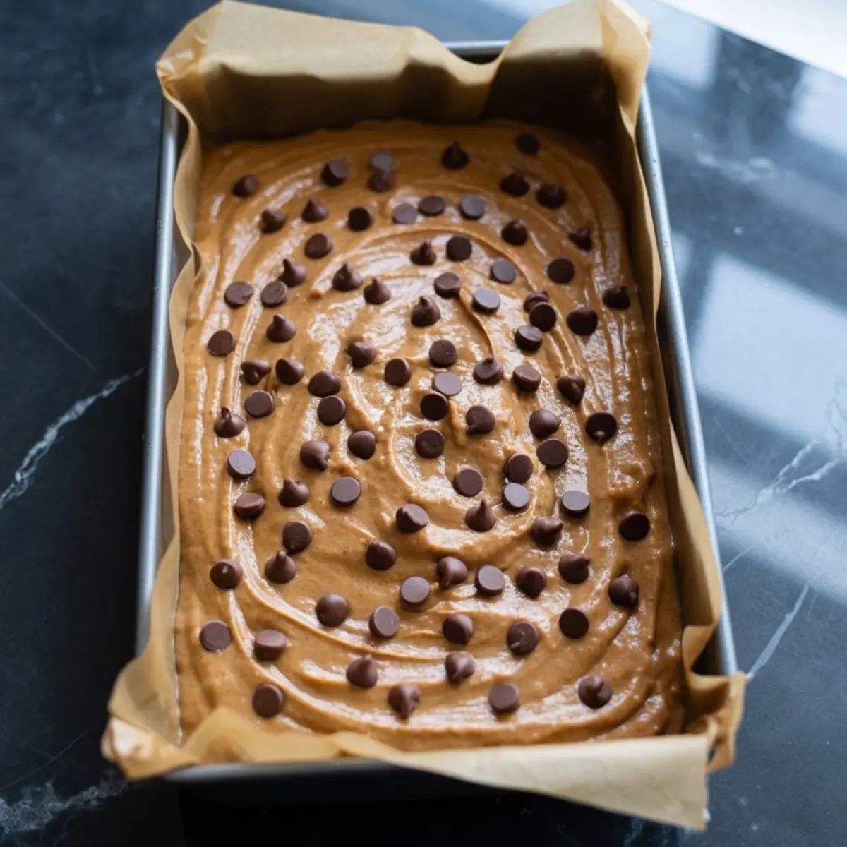 Pumpkin batter topped with chocolate chips spread evenly in a parchment-lined baking pan, prepared for the oven.