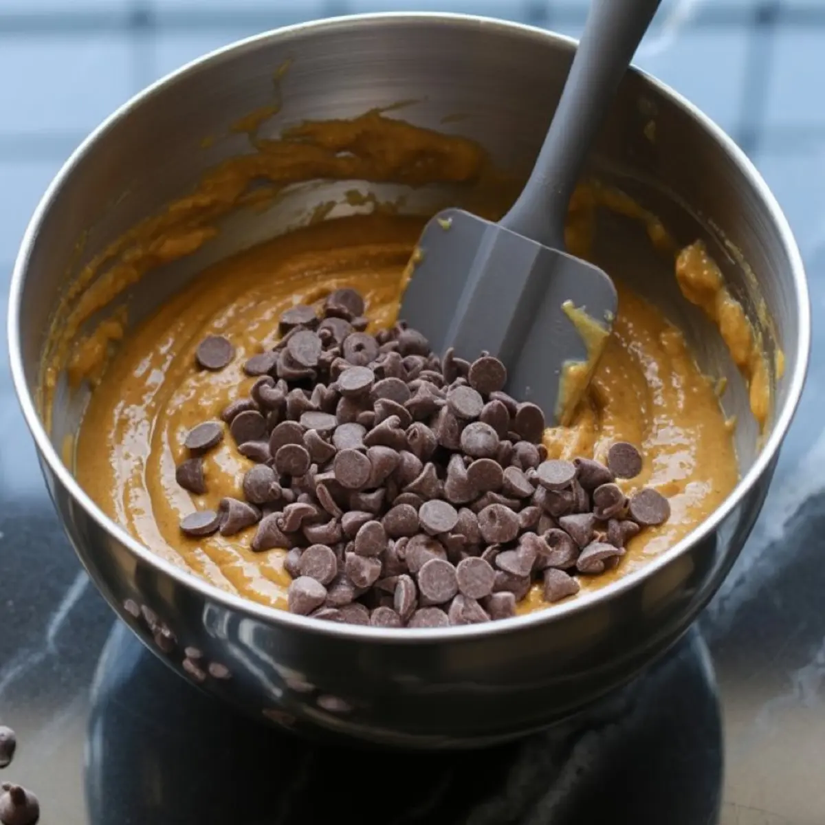 Pumpkin batter in a metal mixing bowl with a spatula, topped with semi-sweet chocolate chips before stirring.