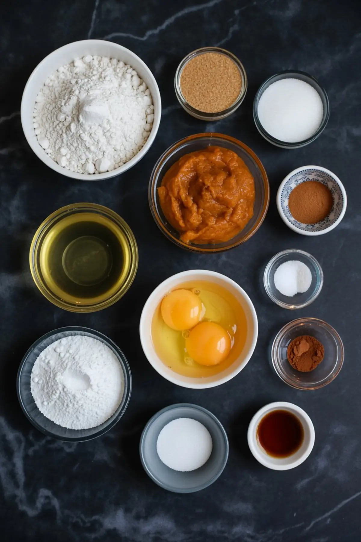 Flat lay of pumpkin cupcake ingredients including flour, eggs, pumpkin purée, sugars, cinnamon, nutmeg, oil, baking powder, salt, vanilla extract, and other baking staples in small bowls on a black background.