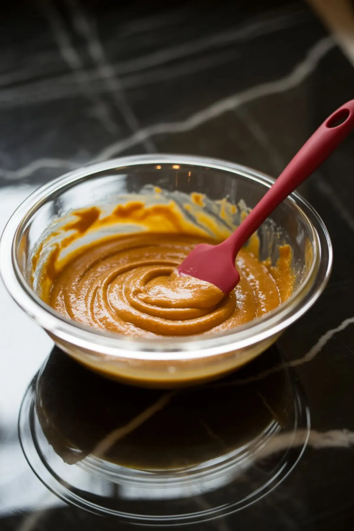 Glass mixing bowl filled with pumpkin cupcake batter being stirred with a red silicone spatula on a glossy black surface.