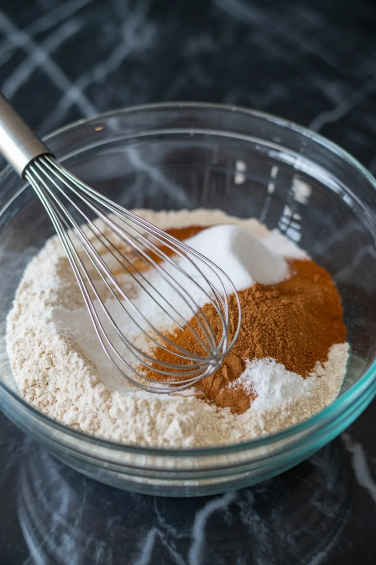 Clear bowl holding flour, cinnamon, baking soda, and other dry ingredients with a metal whisk on top, ready for mixing.