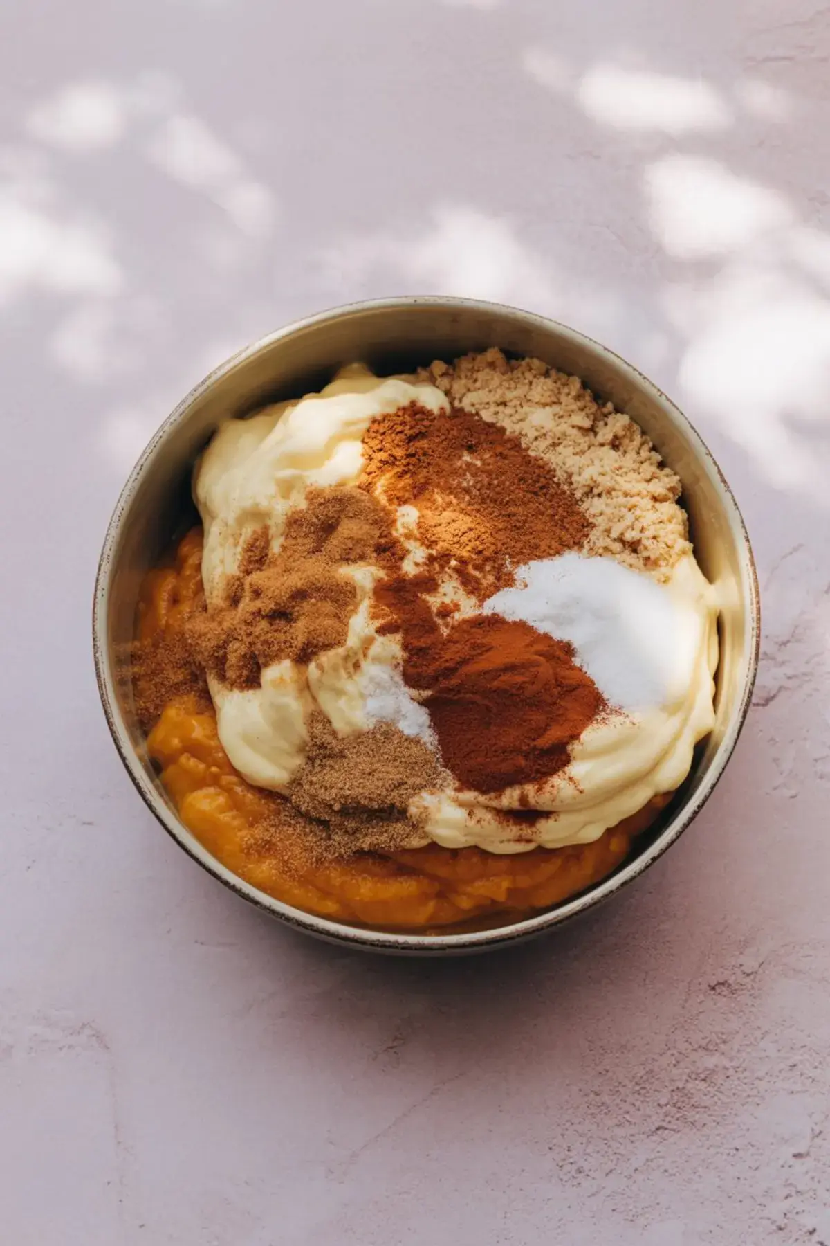 A mixing bowl filled with pumpkin puree, whipped topping, vanilla pudding mix, and a blend of ground spices including cinnamon, ginger, nutmeg, and cloves, ready to be stirred into a creamy pumpkin fluff dip.