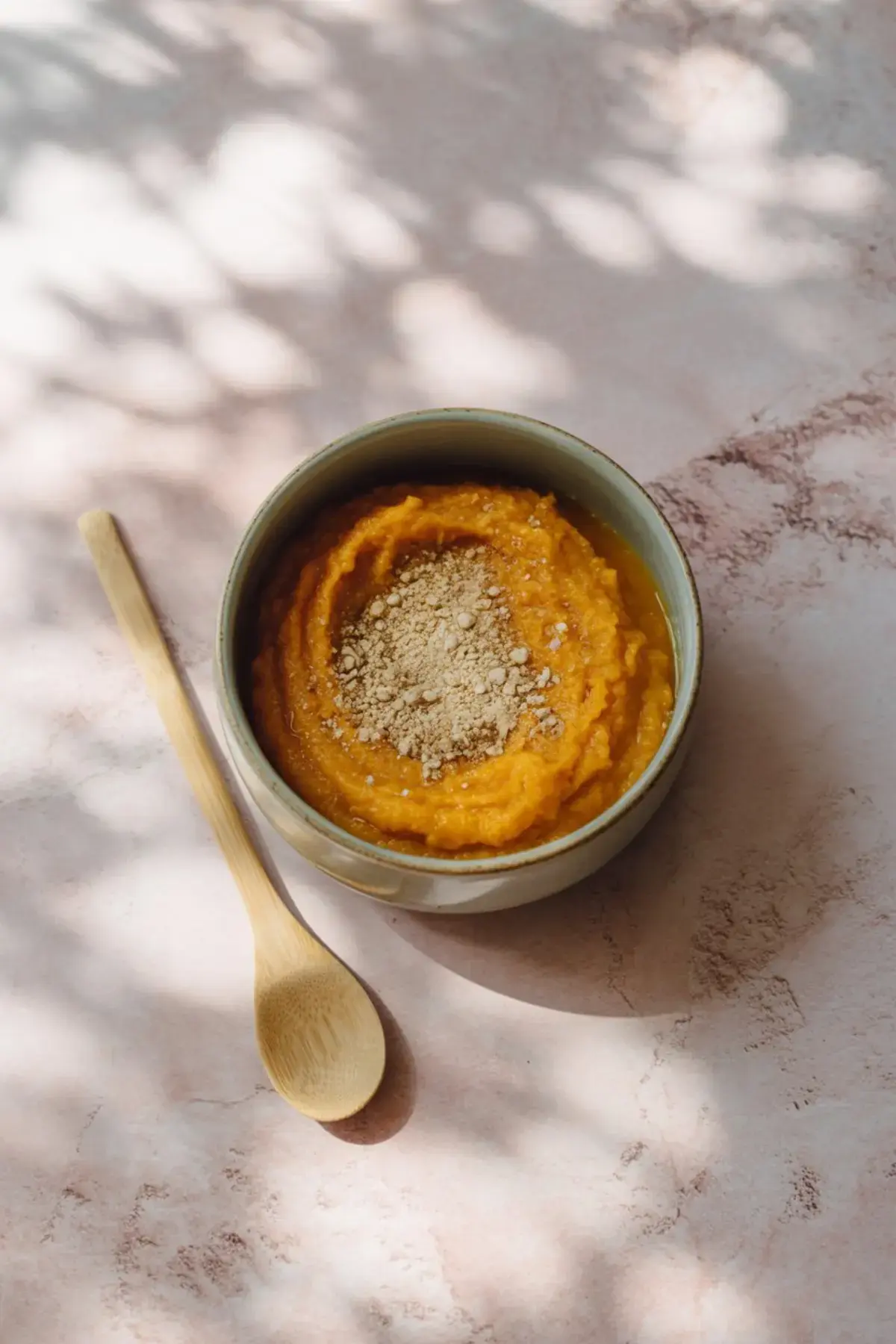 A ceramic bowl containing whipped pumpkin puree topped with a dusting of powdered mix, placed beside a wooden spoon on a light pink textured background.