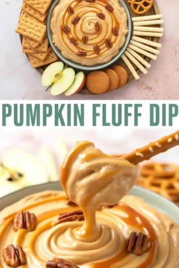 Collage image featuring a top view of pumpkin fluff dip garnished with pecans and caramel swirl, surrounded by apple slices, cookies, wafers, and crackers, and a close-up of a pretzel dipped into the fluffy mixture.