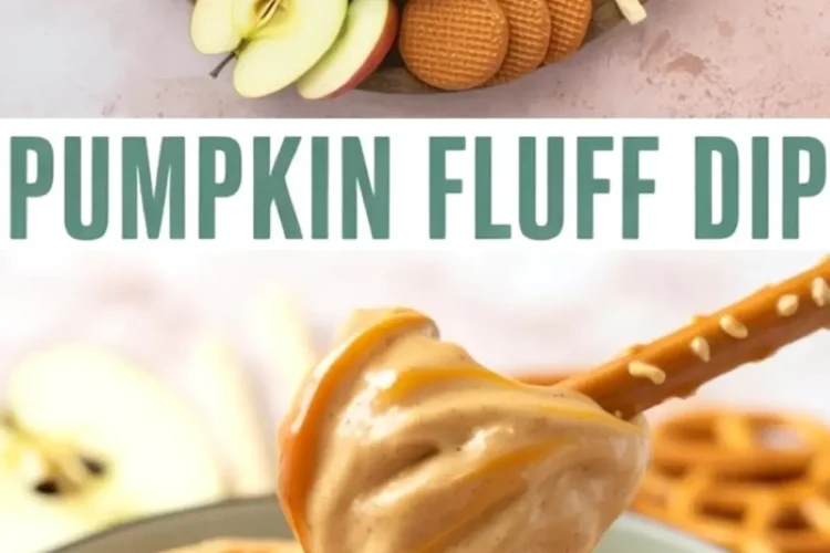 Collage image featuring a top view of pumpkin fluff dip garnished with pecans and caramel swirl, surrounded by apple slices, cookies, wafers, and crackers, and a close-up of a pretzel dipped into the fluffy mixture.