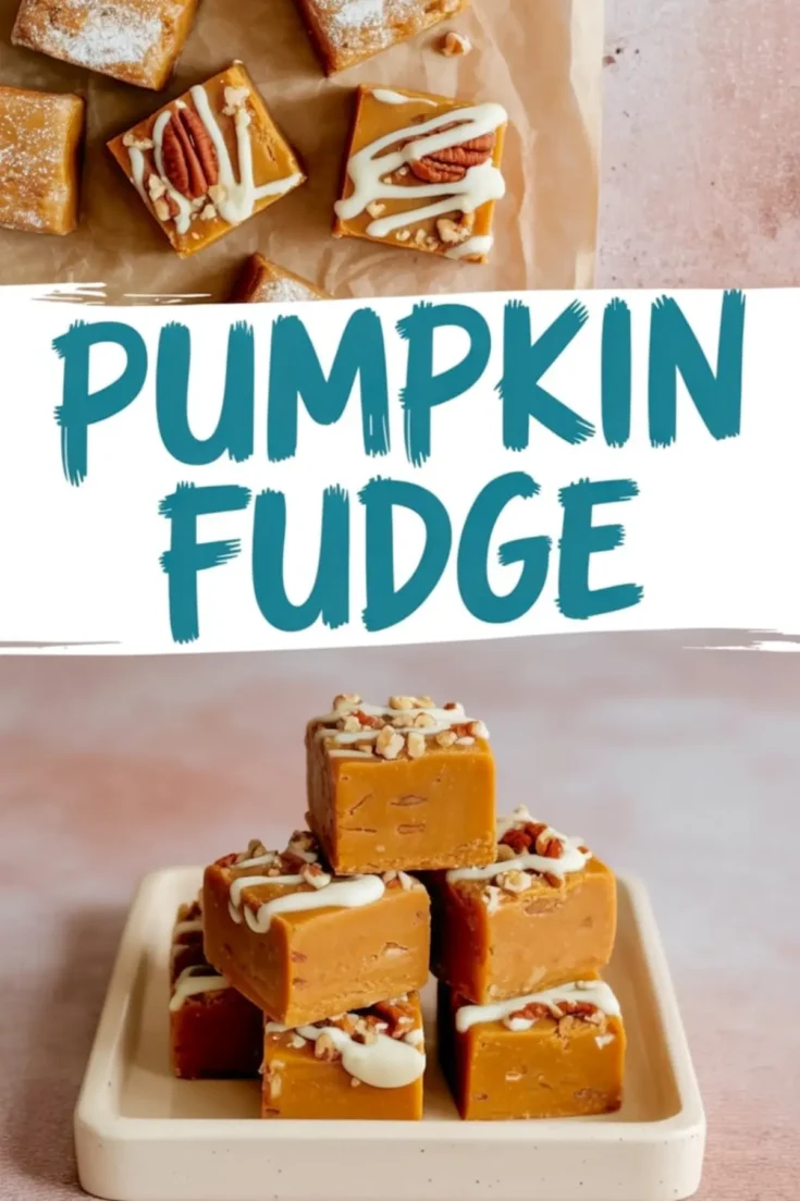 Pumpkin fudge collage with a rustic presentation. The top shows pieces dusted with powdered sugar and decorated with pecans and drizzle on parchment paper. The bottom highlights a small stack of rich pumpkin fudge with nutty texture and creamy topping on a cream-colored tray. Great for visualizing seasonal sweet treats.
