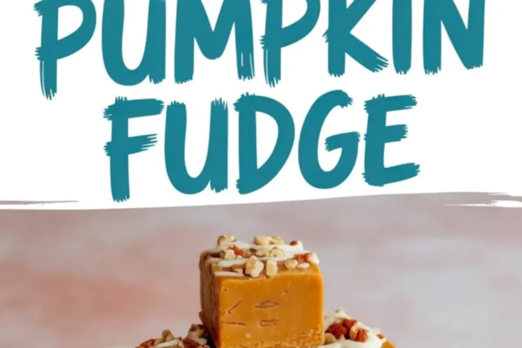 Pumpkin fudge collage with a rustic presentation. The top shows pieces dusted with powdered sugar and decorated with pecans and drizzle on parchment paper. The bottom highlights a small stack of rich pumpkin fudge with nutty texture and creamy topping on a cream-colored tray. Great for visualizing seasonal sweet treats.