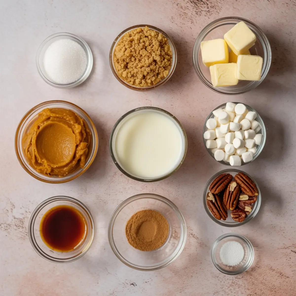 Flat lay of pumpkin fudge ingredients in clear glass bowls on a pink surface. Includes granulated sugar, brown sugar, butter cubes, pumpkin puree, evaporated milk, mini marshmallows, vanilla extract, ground spices, whole pecans, and salt. A visual recipe guide for fall fudge preparation.
