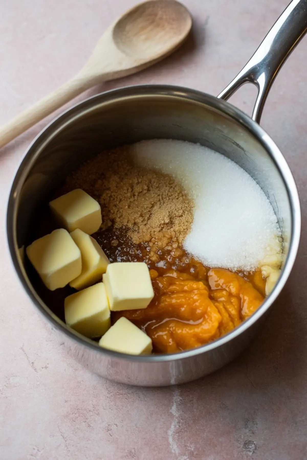 Butter cubes, brown sugar, granulated sugar, and pumpkin puree combined in a saucepan, ready for melting. The ingredients begin to melt together to form the base of a rich pumpkin fudge. A close-up look at the cooking prep process.
