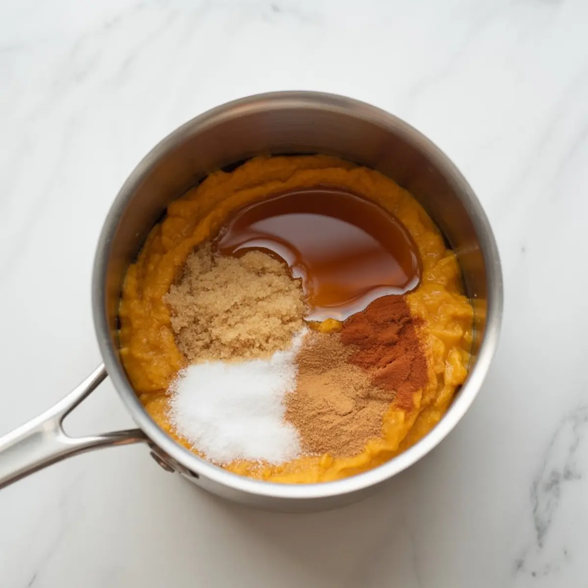 Uncooked pumpkin fudge mixture in a saucepan with ground spices, white sugar, brown sugar, vanilla, and a maple-like liquid. The white marble surface enhances the vibrant colors of this flavor-packed preparation stage.

