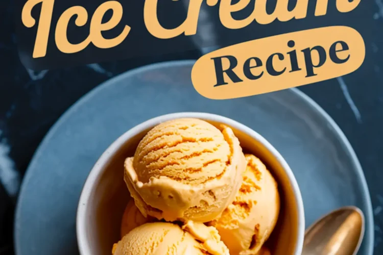 White bowl filled with pumpkin ice cream scoops on a blue plate, with the words “Pumpkin Ice Cream Recipe.”