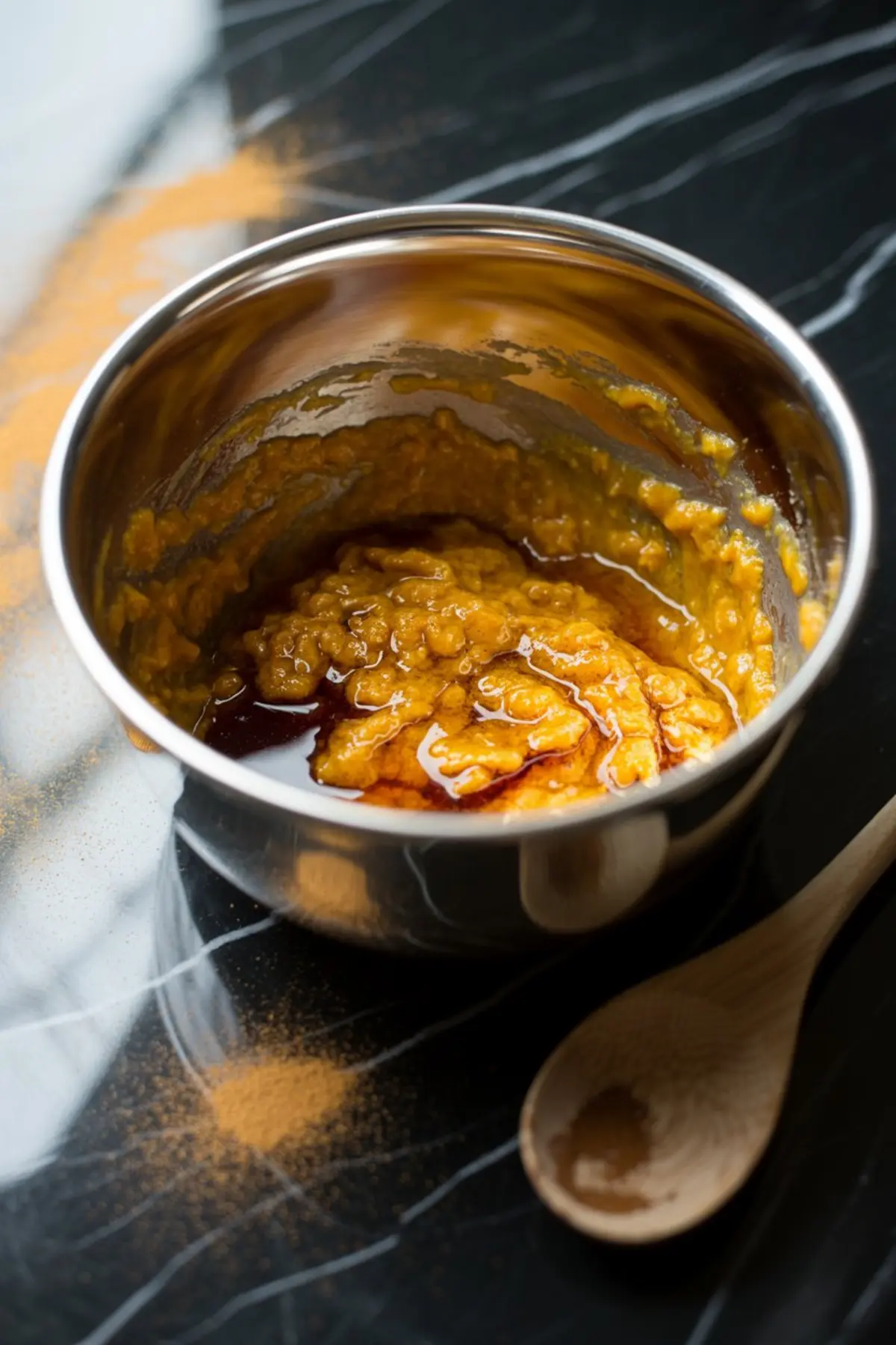 Stainless steel bowl with pumpkin puree and maple syrup mixture on a dark marble surface with a wooden spoon nearby.