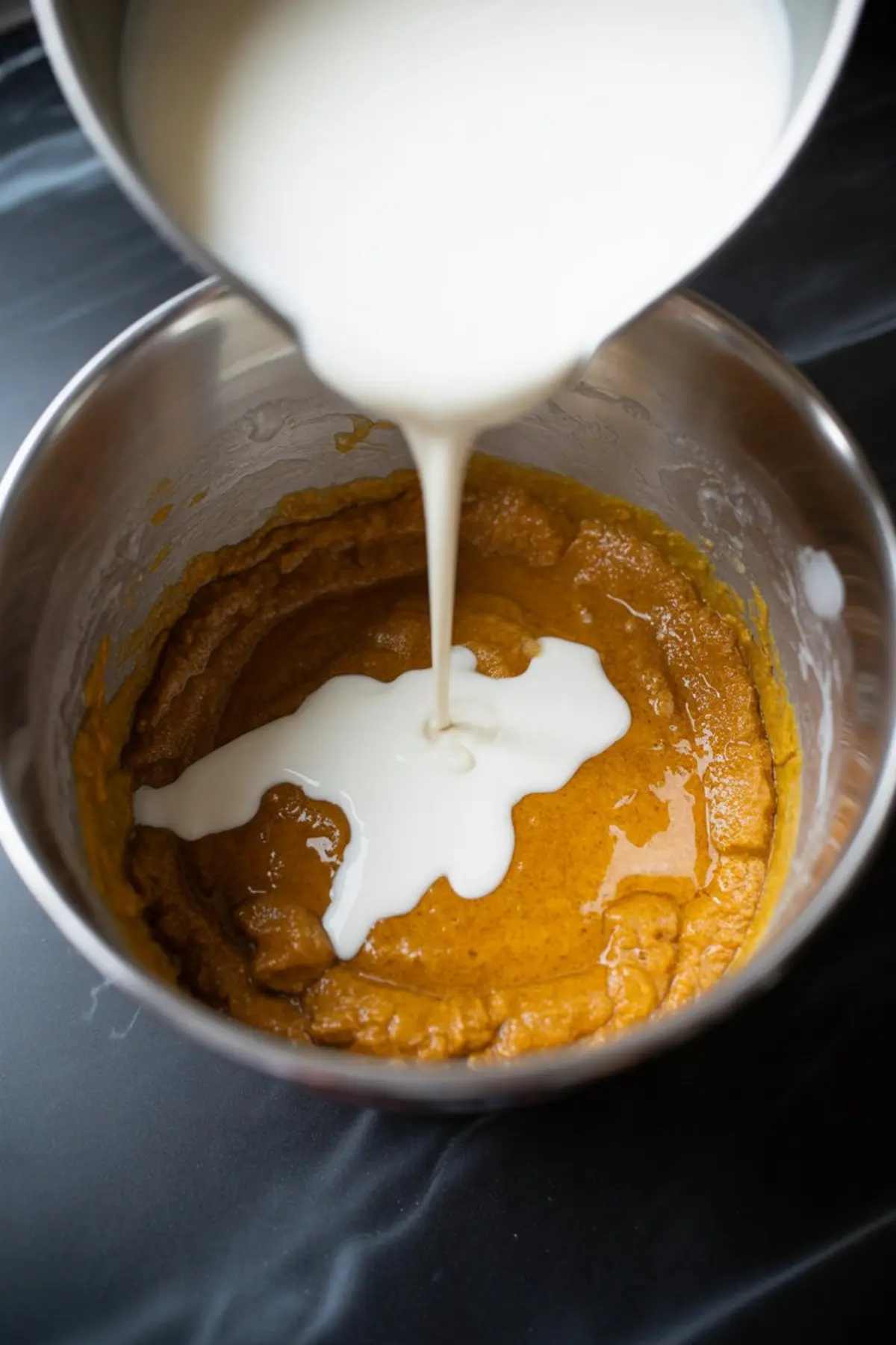 Milk being poured into a bowl of spiced pumpkin mixture to prepare homemade pumpkin ice cream.