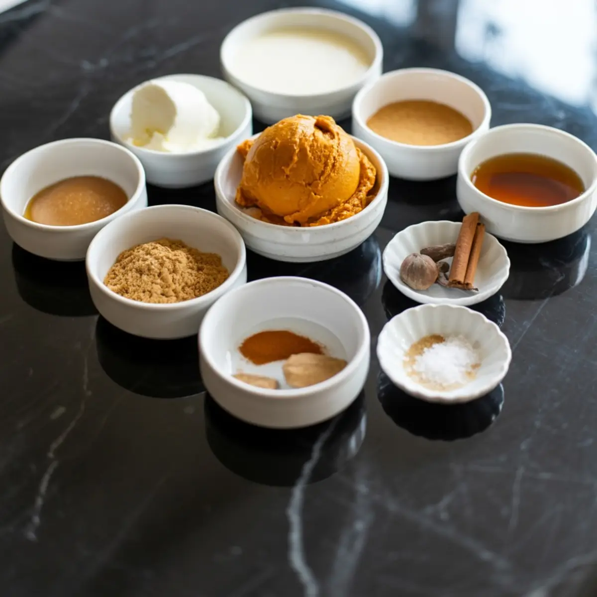 Small white bowls with ingredients for pumpkin ice cream, including pumpkin puree, brown sugar, cinnamon sticks, nutmeg, cream, and spices.