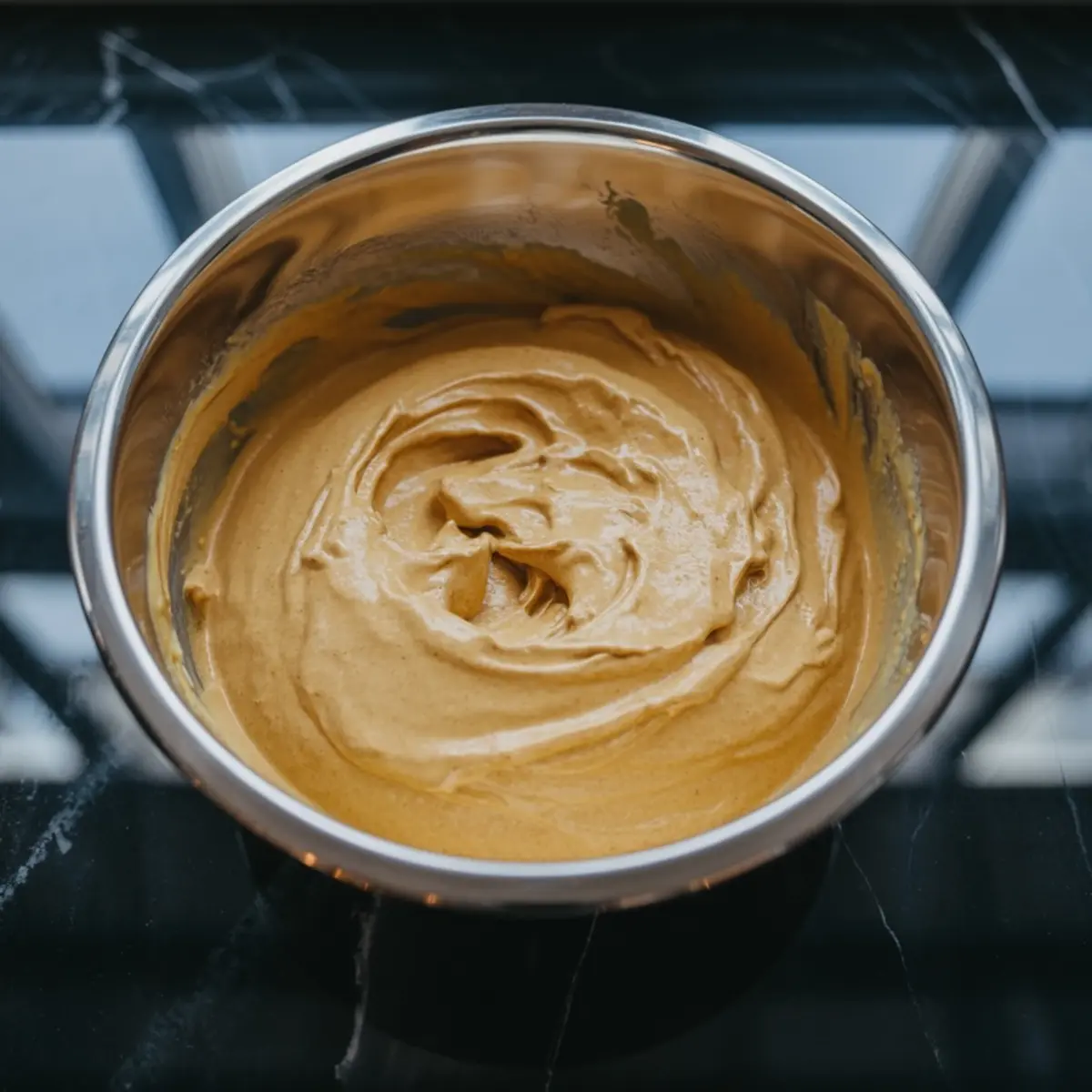 Stainless steel mixing bowl filled with smooth pumpkin ice cream base on a dark marble countertop.