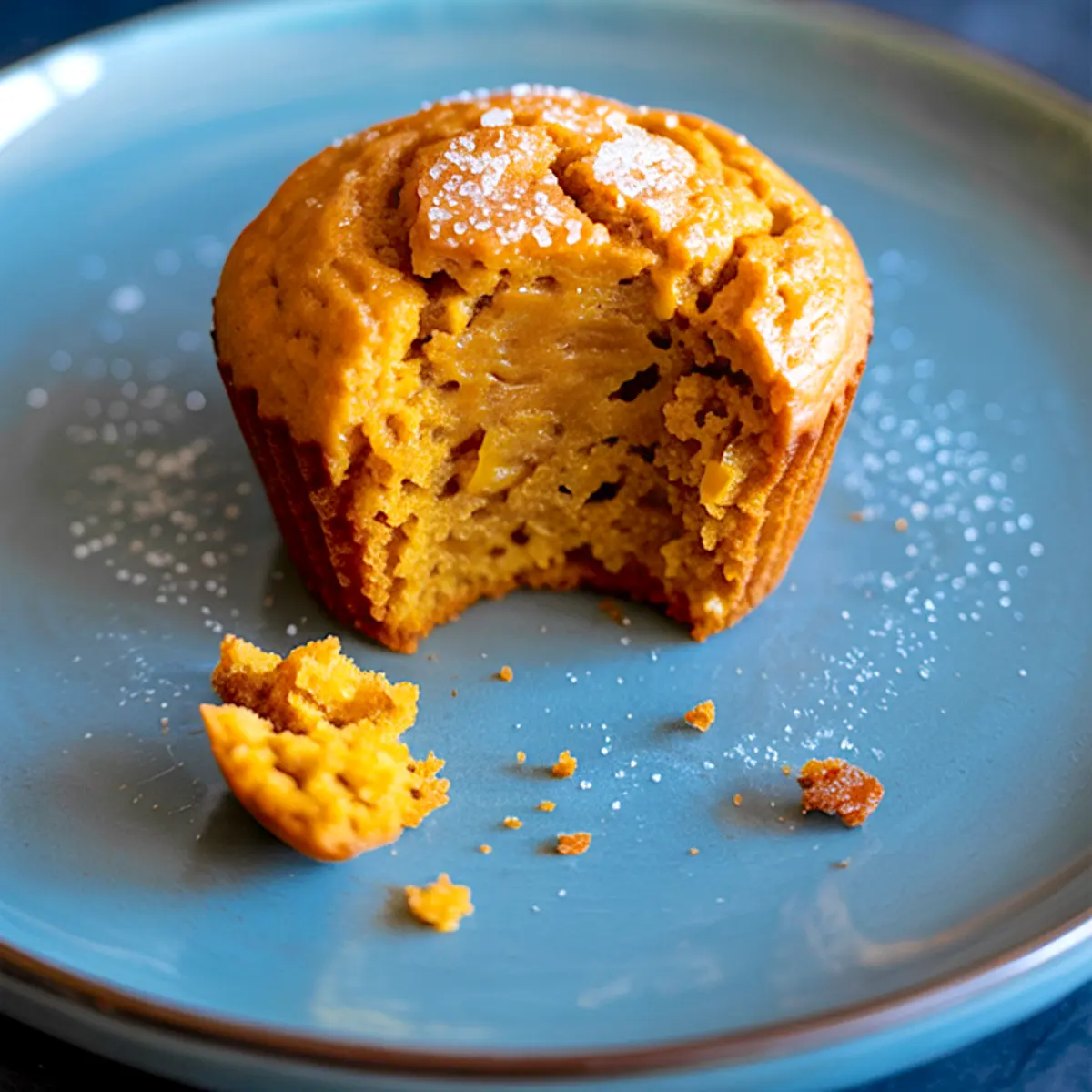 Close-up of a half-eaten pumpkin muffin on a blue plate, with visible tender crumb and sprinkled sugar, surrounded by scattered crumbs.
