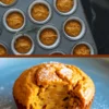 Top view of raw pumpkin muffin batter in a cupcake pan and a close-up of a baked pumpkin muffin with a moist crumb and sugar-dusted top, displayed on a blue plate.
