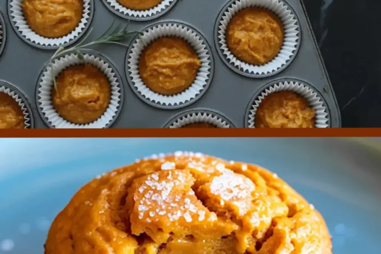 Top view of raw pumpkin muffin batter in a cupcake pan and a close-up of a baked pumpkin muffin with a moist crumb and sugar-dusted top, displayed on a blue plate.