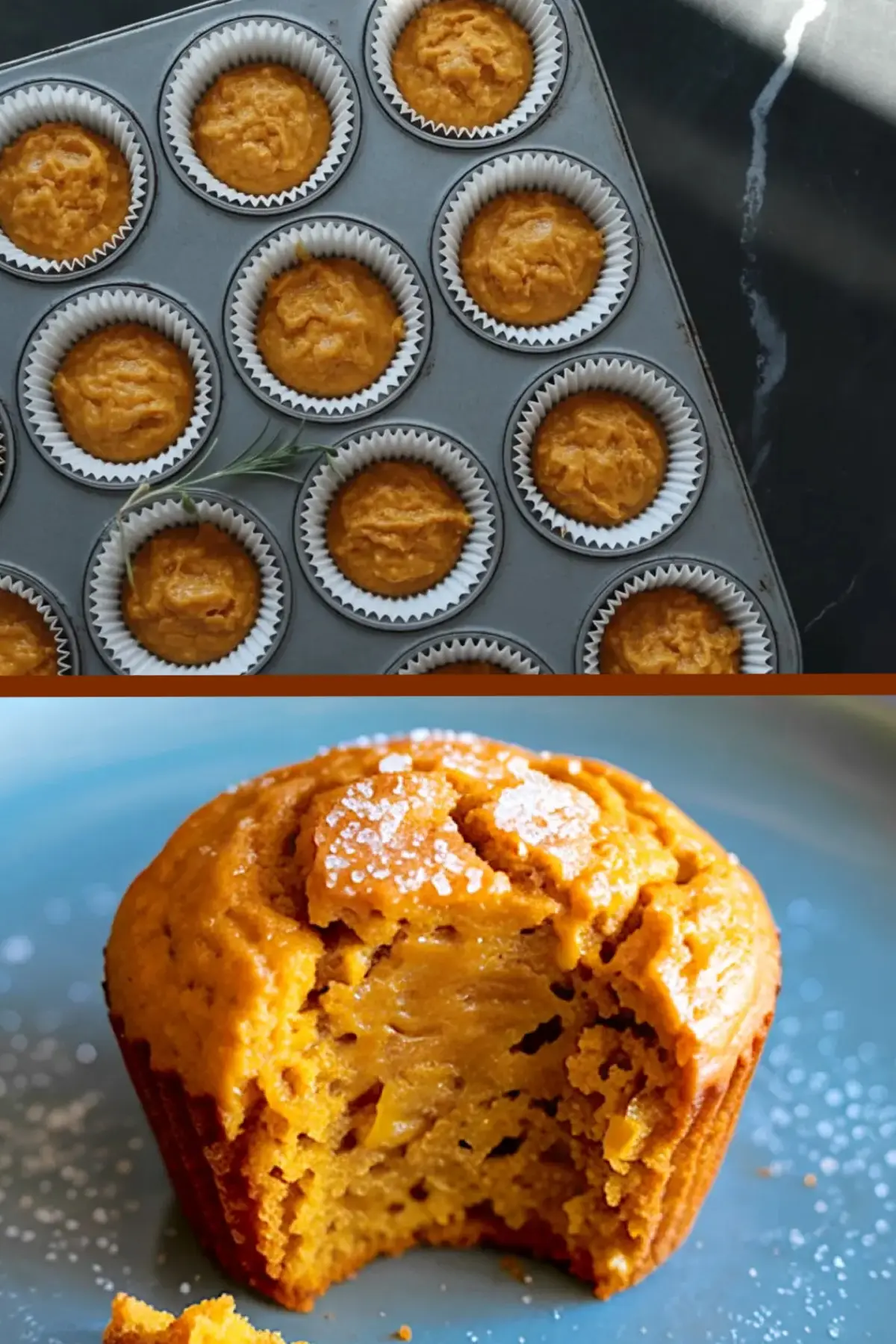 Top view of raw pumpkin muffin batter in a cupcake pan and a close-up of a baked pumpkin muffin with a moist crumb and sugar-dusted top, displayed on a blue plate.