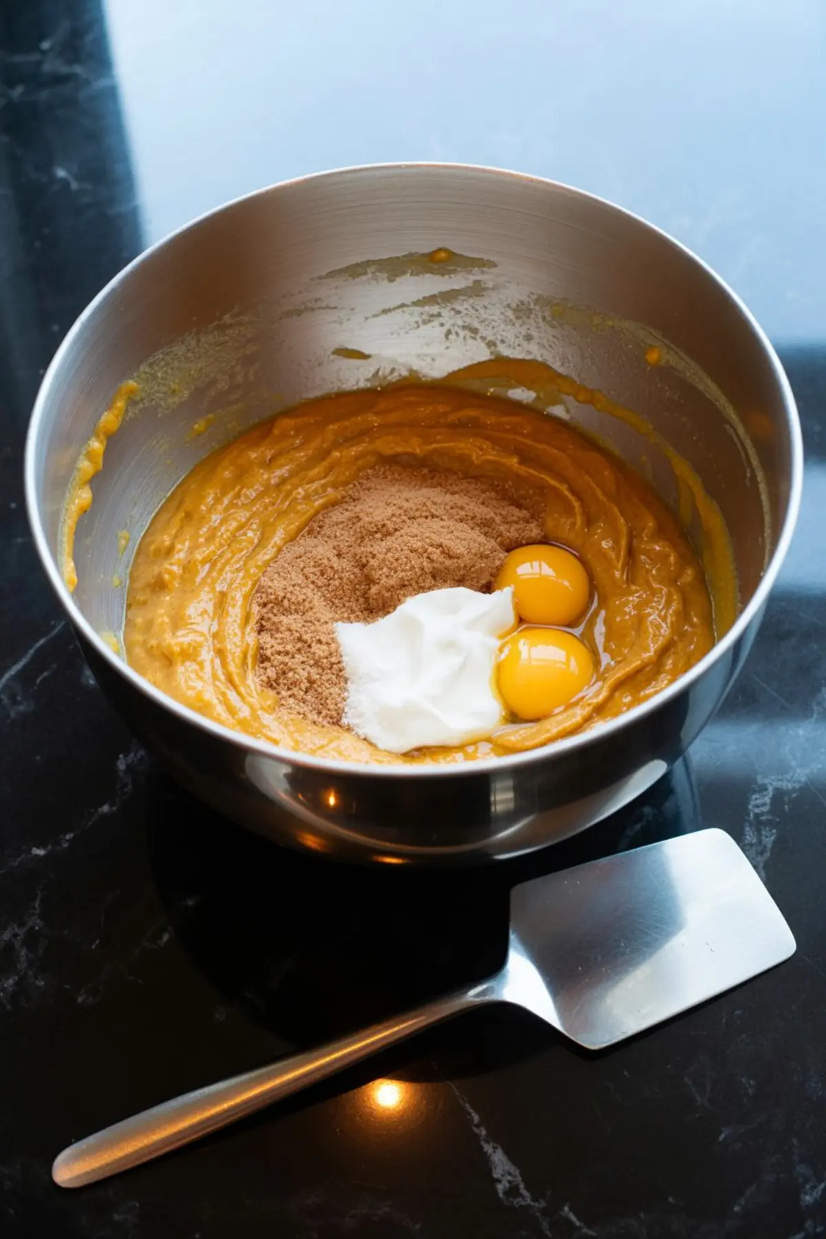 Metal mixing bowl filled with thick pumpkin muffin batter, topped with brown sugar, yogurt, and cracked eggs, ready to be mixed.