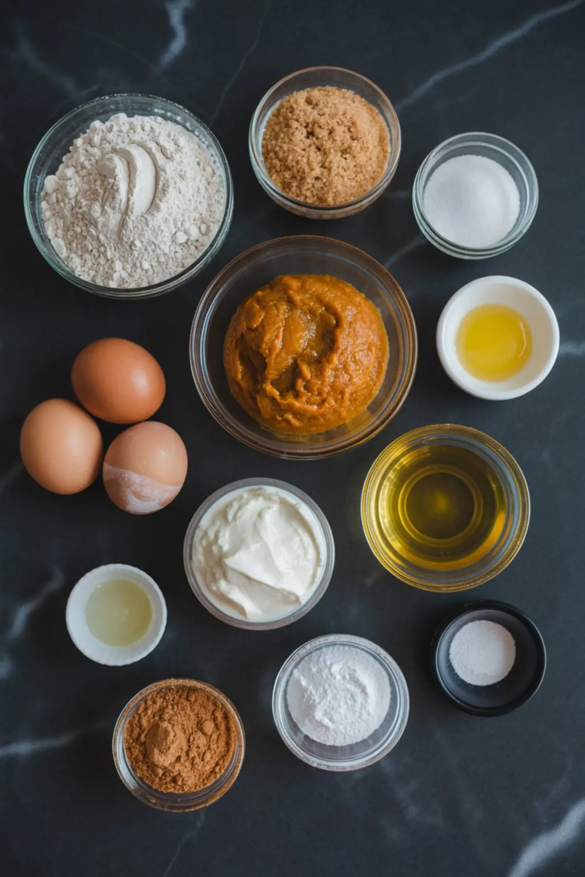 Flat lay of pumpkin muffin ingredients including flour, brown sugar, granulated sugar, pumpkin purée, eggs, Greek yogurt, oil, melted butter, vanilla extract, baking soda, baking powder, salt, and ground cinnamon on a dark marble countertop.