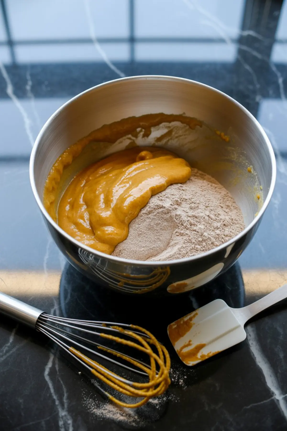 Mixing bowl with partially combined pumpkin muffin batter and dry flour mixture, next to a whisk and spatula on a black marble counter.