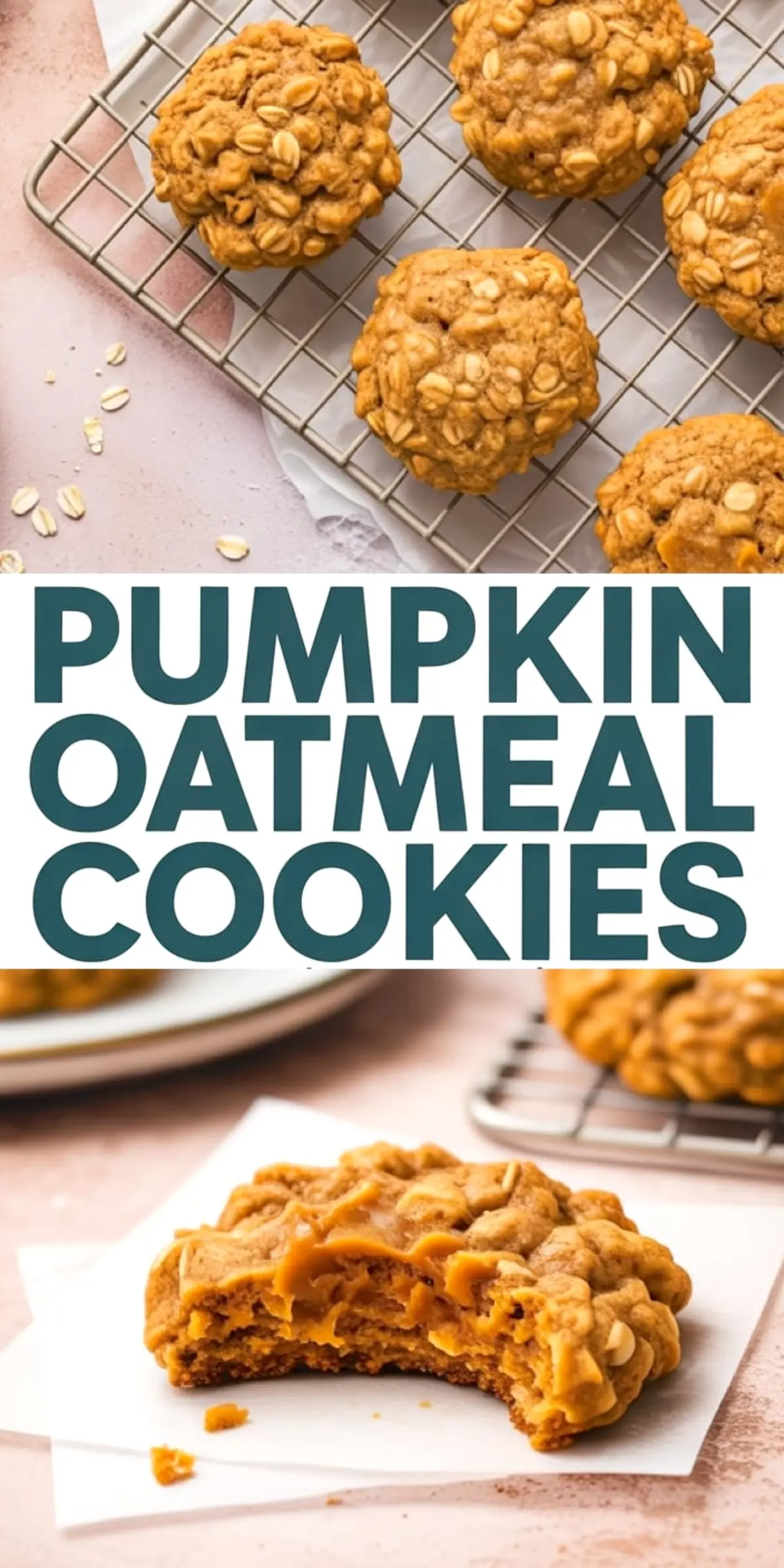 Top view of pumpkin oatmeal cookies cooling on a wire rack and close-up of a soft cookie with a bite showing gooey pumpkin center, styled on a pink surface with oats scattered.