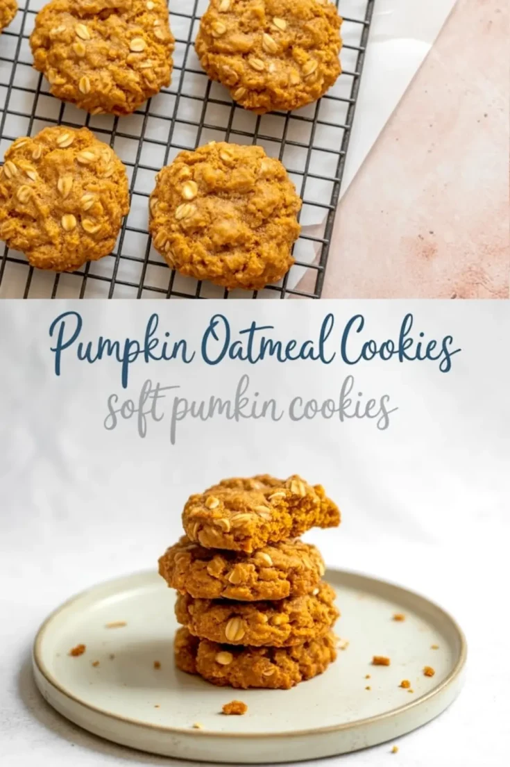 Overhead shot of soft pumpkin oatmeal cookies cooling on a rack, paired with a side view of a stack of cookies on a ceramic plate, one with a bite taken out to show moist texture.