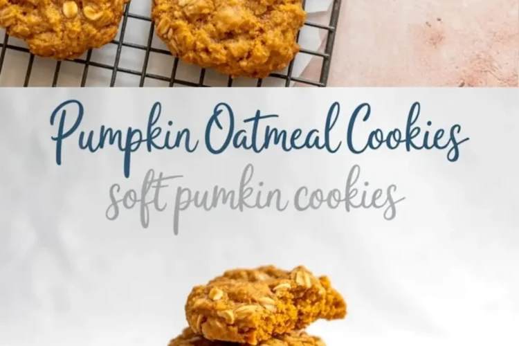 Overhead shot of soft pumpkin oatmeal cookies cooling on a rack, paired with a side view of a stack of cookies on a ceramic plate, one with a bite taken out to show moist texture.