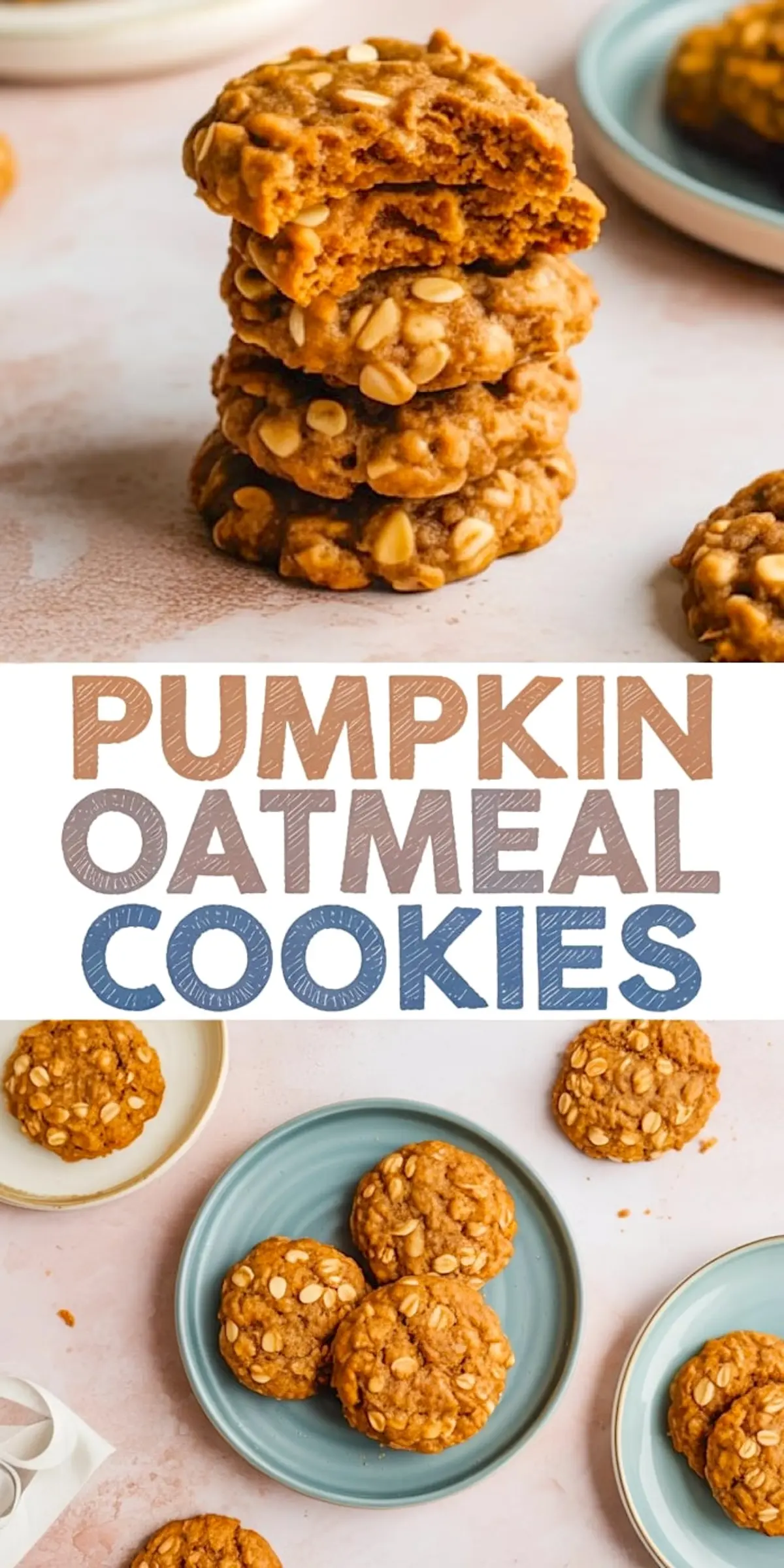 Stack of chewy pumpkin oatmeal cookies with visible oats and a broken cookie on top, next to an overhead view of round cookies arranged on pastel plates over a soft pink surface.