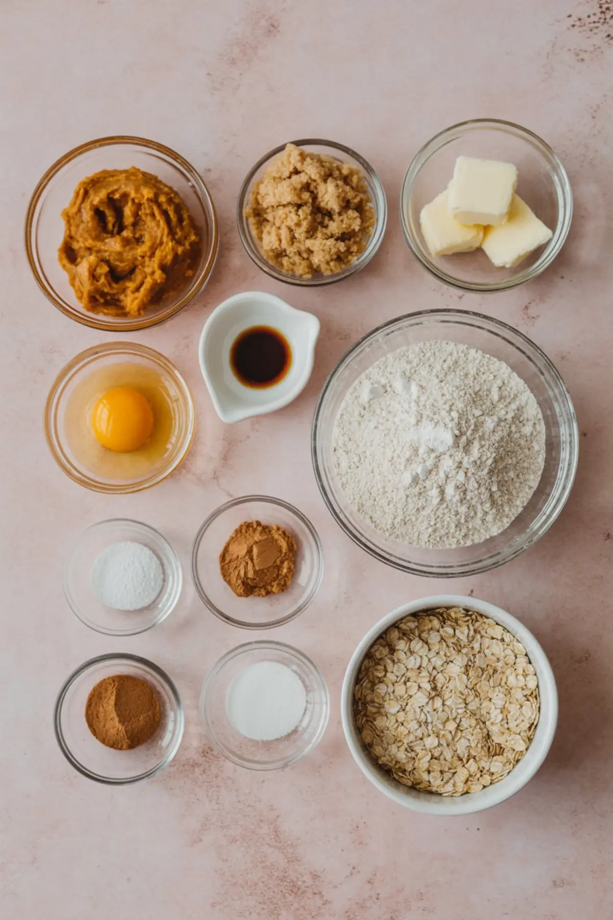 Flat lay of pumpkin oatmeal cookie ingredients in clear glass bowls on a blush pink surface, including pumpkin puree, oats, flour, egg, butter, spices, and vanilla extract.