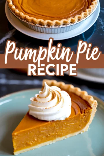 Collage with a full pumpkin pie in a metal tin and a slice on a plate topped with piped whipped cream, both with smooth, vibrant orange filling and labeled “Pumpkin Pie Recipe.”