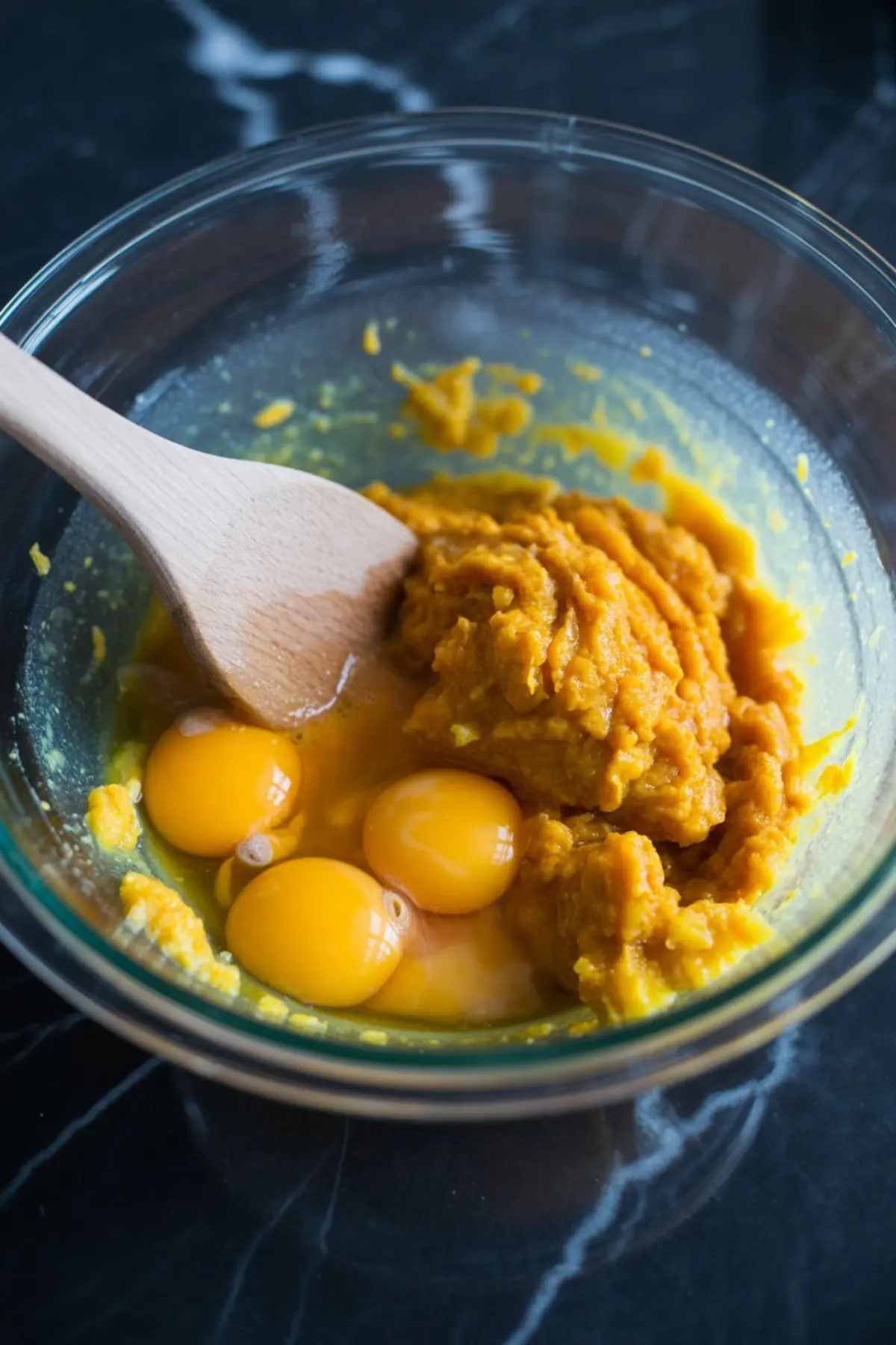 Glass mixing bowl with bright orange pumpkin puree and raw eggs, partially blended with a wooden spoon, sitting on a black marble surface.