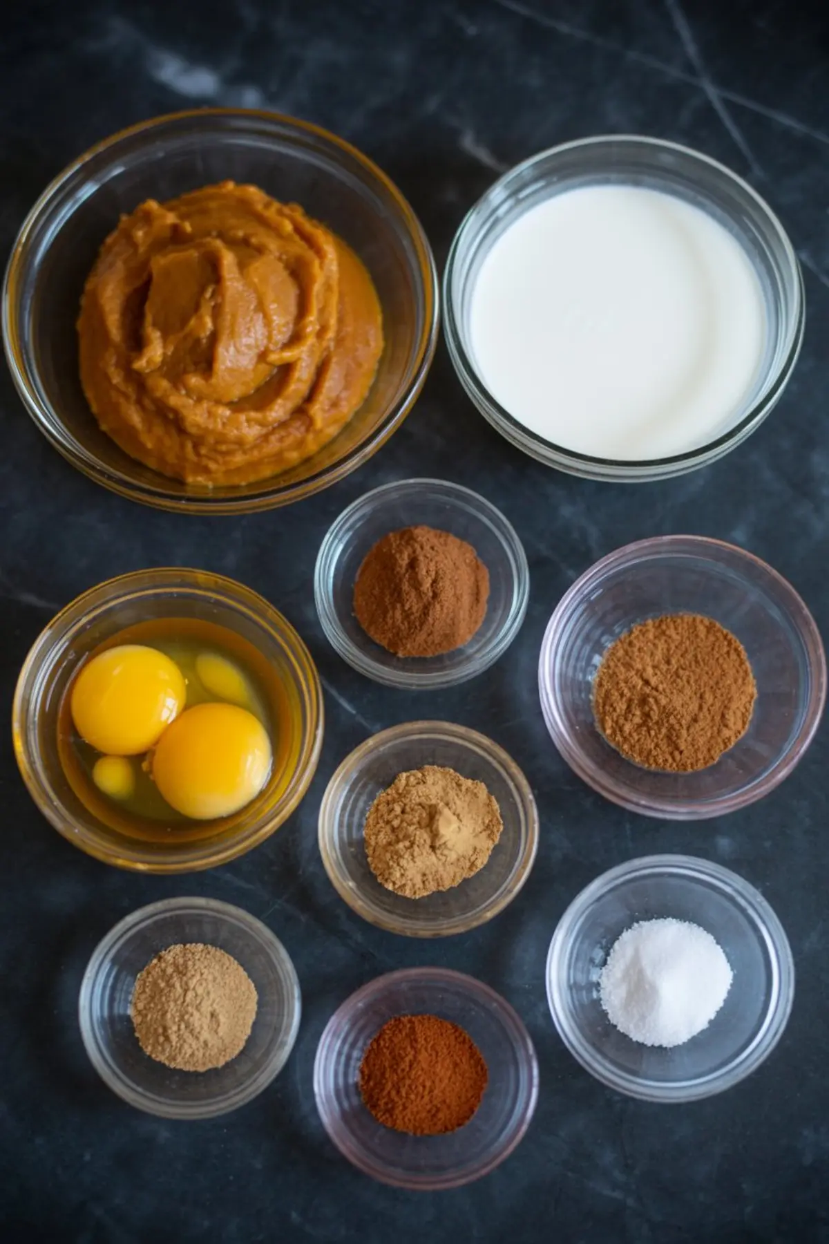 Flat lay of pumpkin pie ingredients including pumpkin puree, eggs, milk, cinnamon, ginger, nutmeg, cloves, allspice, and salt, each in clear glass bowls on a dark stone background.