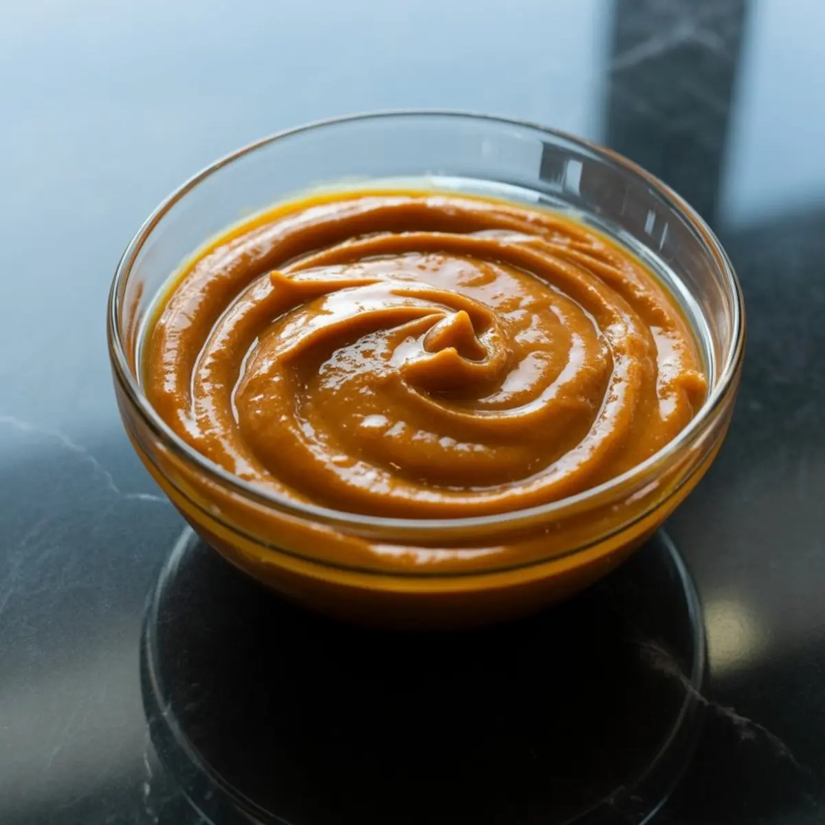 Small glass bowl filled with smooth, swirled homemade pumpkin pie filling, showcasing a rich, golden-orange color on a black countertop.