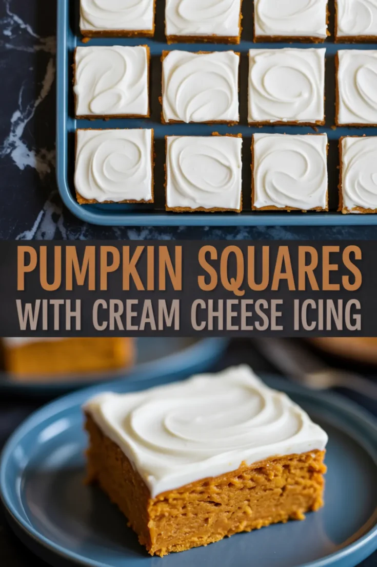 Tray of pumpkin squares topped with white cream cheese icing with a slice served on a blue plate in front.