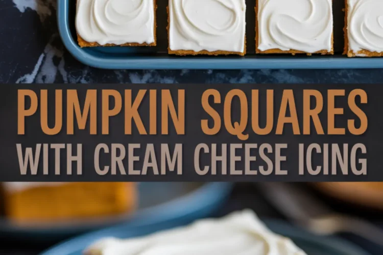 Tray of pumpkin squares topped with white cream cheese icing with a slice served on a blue plate in front.