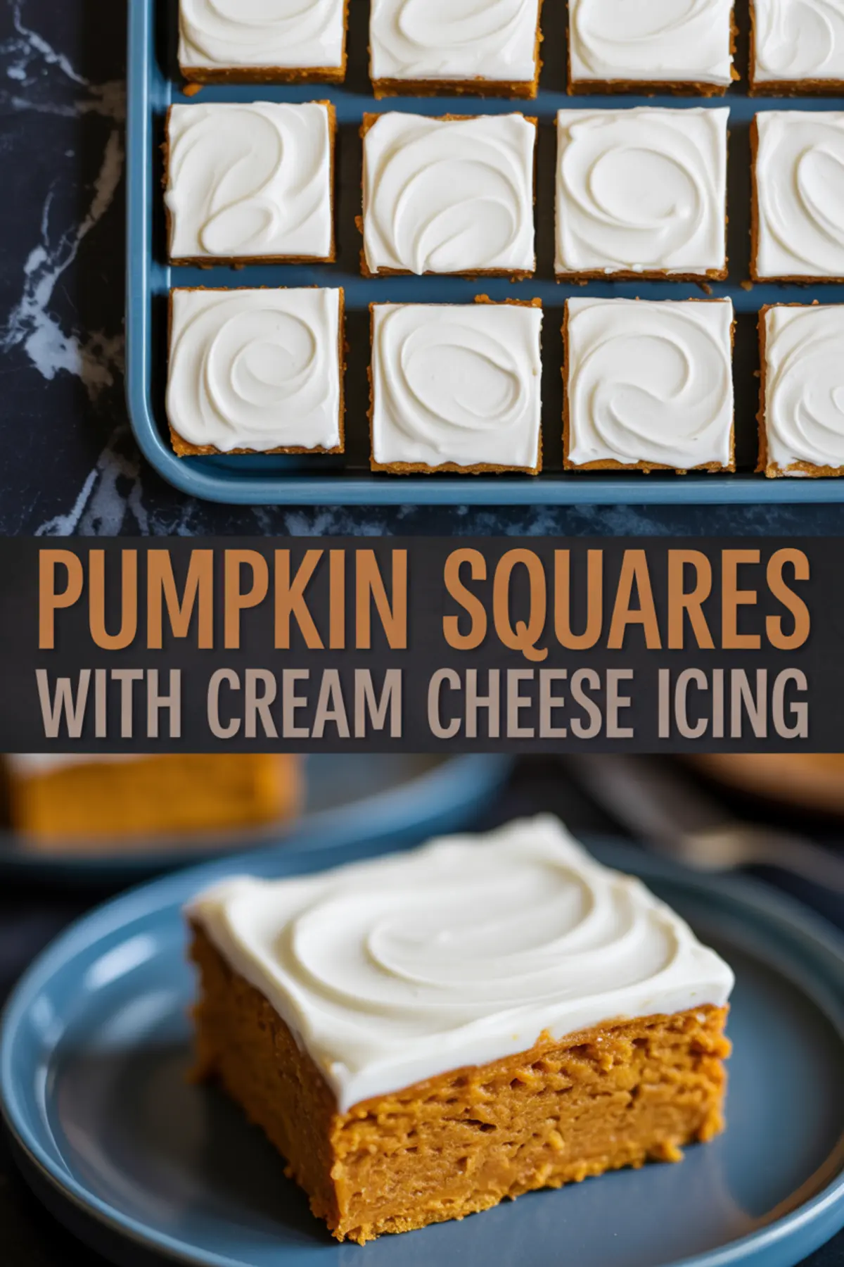 Tray of pumpkin squares topped with white cream cheese icing with a slice served on a blue plate in front.