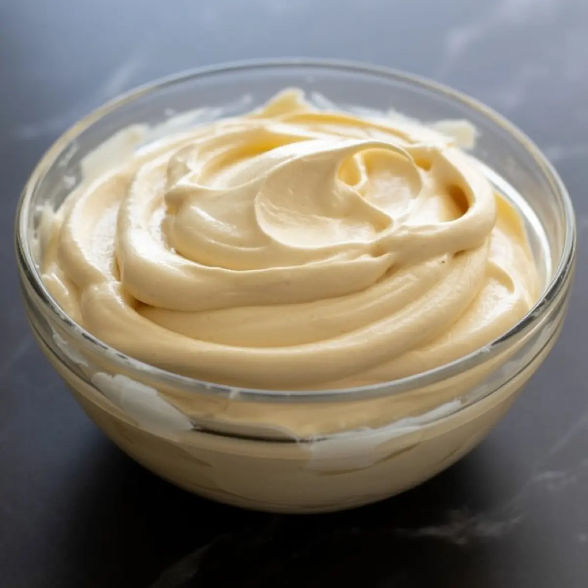 Creamy whipped cream cheese frosting in a clear glass bowl on a dark surface.