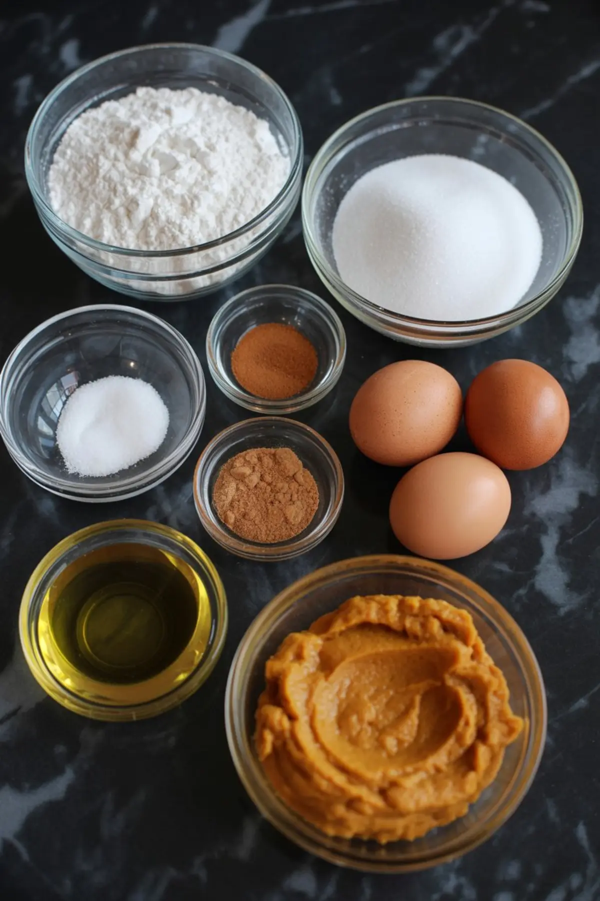 Glass bowls with baking ingredients on a dark countertop including flour, sugar, salt, cinnamon, nutmeg, eggs, oil, and pumpkin puree.