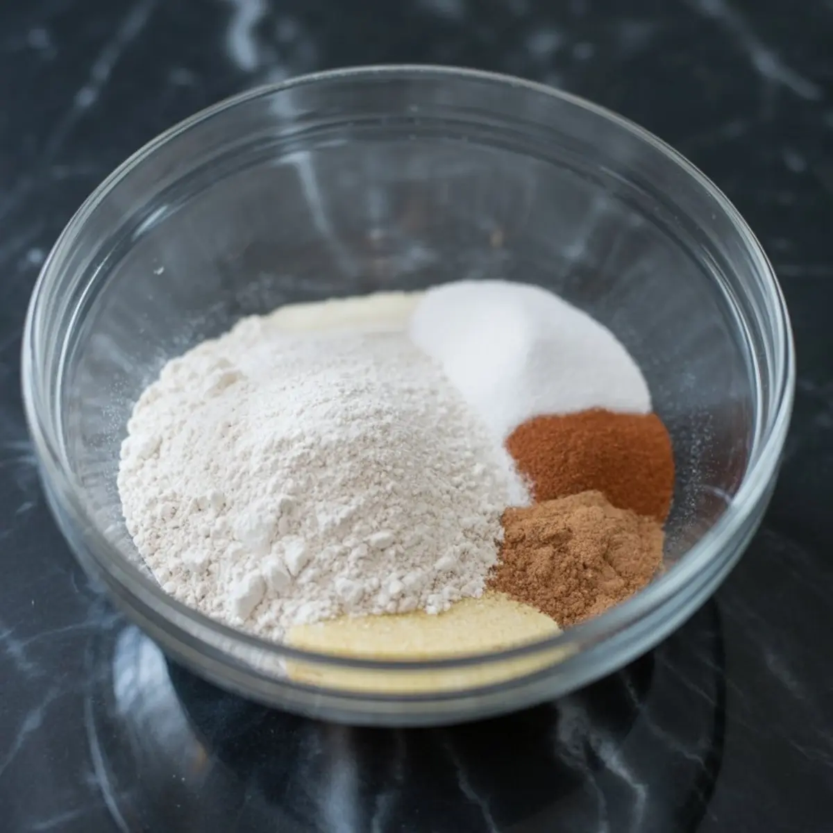 Dry baking ingredients including flour, sugar, cinnamon, nutmeg, and baking powder combined in a glass mixing bowl.