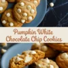 Collage featuring pumpkin white chocolate chip cookies on a plate and a close-up of soft, chewy cookie interior, with stylized text “Pumpkin White Chocolate Chip Cookies.”